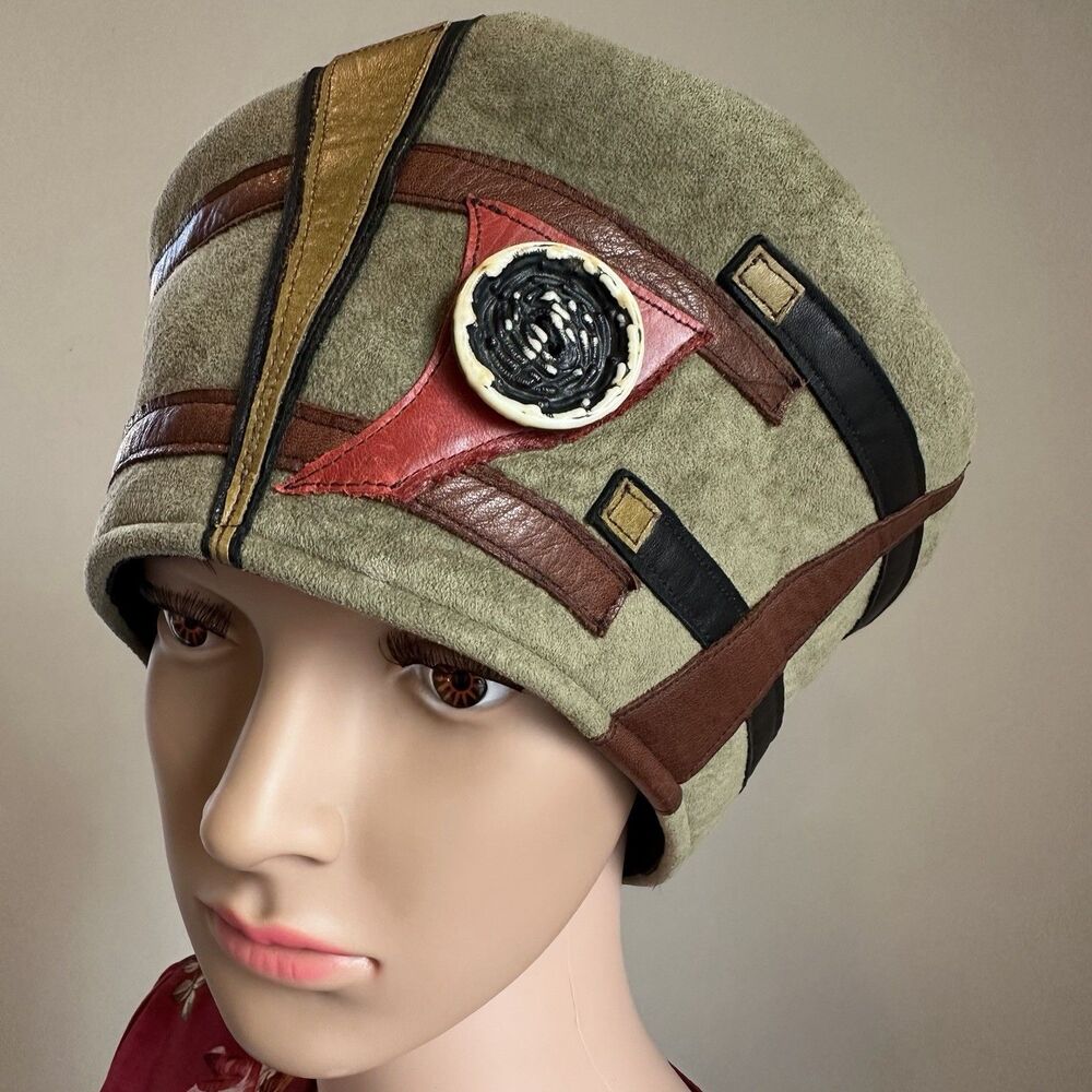 Handmade Suede Leather Festival Hat Boho Steampunk Renaissance Artisan Appliqué